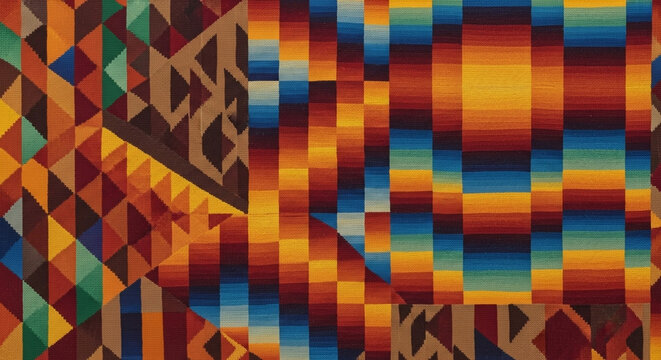 A vibrant traditional textile displays intricate geometric patterns and mesmerizing optical gradients woven with rich warm hues of crimson gold orange turquoise creating a visually captivating