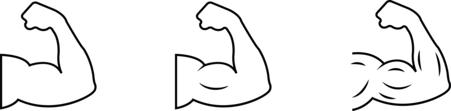 Muscular arm set, collection and group of strong biceps fitness bodybuilding strength workout muscle flexing icons in black flat and line style isolated on transparent background