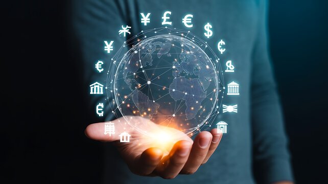 Global digital finance concept with glowing financial symbols surrounding a world globe above a human hand