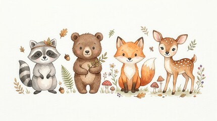 Fototapeta premium Cute Watercolor Woodland Animals Collection with Raccoon Bear Fox and Deer Fawn for Nursery Decor and Children Illustration