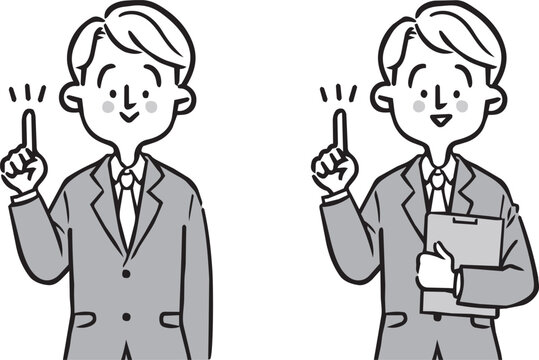 ポイントを説明する男性会社員　上半身　ベクター（モノクロ）