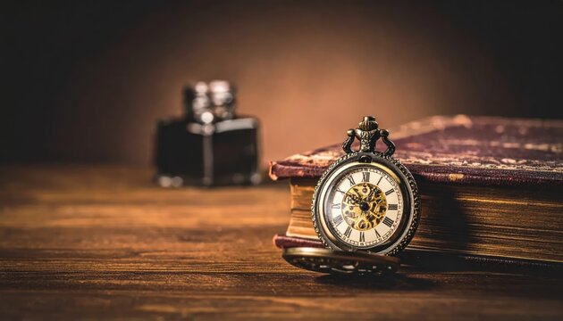 Vintage pocket watch resting on antique book on table.