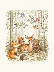 Fototapeta premium Cute Watercolor Woodland Animals Illustration with Deer, Bear, Fox, and Rabbit in a Whimsical Forest