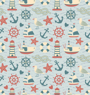 Seamless nautical pattern with anchors, seagulls, sailboats, lighthouses, steering wheels, lifebuoys,
sea ropes and starfishes.Background in a cartoon style with simple, minimalistic shapes. 