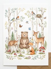 Fototapeta premium Cute Watercolor Woodland Animals Illustration with Bear, Deer, Fox and Birds in a Whimsical Forest Setting for Nursery Decor