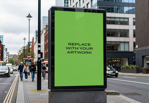 Vertical digital billboard mockup with placeholder screen displaying replace your artwork text, positioned on a city sidewalk, urban street view pedestrians and vehicles, Template