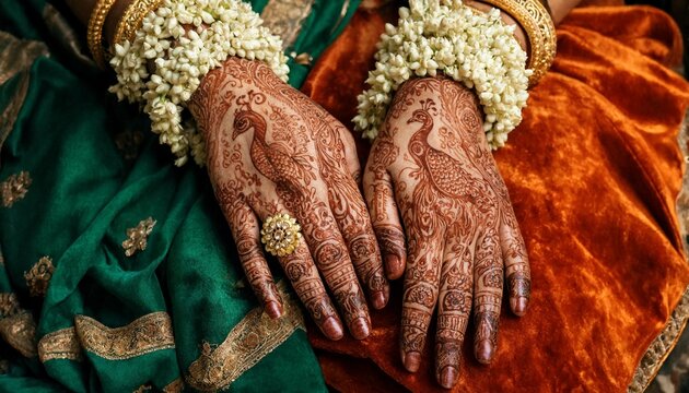 Close up of indian bride hands with intricate henna peacock design and traditional flower bracelets