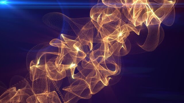 Warm orange-gold mesh light wave with glowing particle structure and soft lens flare across a dark abstract background.