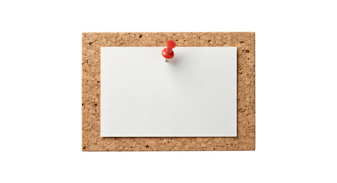 Blank white paper note pinned to cork board isolated on transparent background
