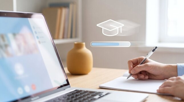 Student writing notes while learning online with virtual graduation cap icon