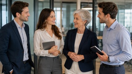 Obraz premium Diverse Business Team Collaborating in Modern Office, Teamwork, Leadership and Creative Strategy
