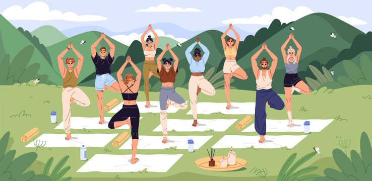 Outdoor group yoga class. Retreat in nature of mountains. People practice meditation in tree pose. Women and men do exercises in park on mat. Group workout outdoors. Yoga training with trainer