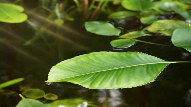 Large green leaf drifts gently across dark pond water among smaller floating leaves, with soft ripples, reflected highlights, and diagonal sunlight revealing vivid natural texture