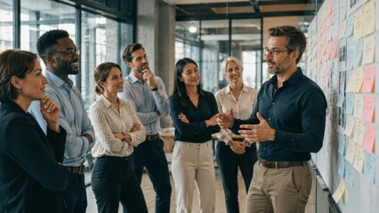 Obraz premium Diverse Business Team Collaborating in Modern Office, Teamwork, Leadership and Creative Strategy