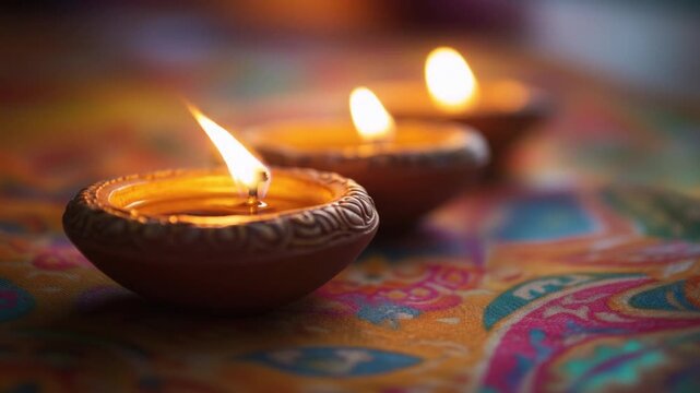 Close-up of several small traditional decorative candles with glowing flames arranged on colorful patterned fabric. Ai generated