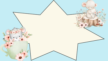 Cute Watercolor Mice and Pink Floral Star Frame Illustration for Baby Shower Invitation and Kids Birthday Greeting Card on Blue Background © Senandung