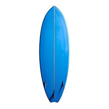 Classic Blue Surfboard with Triple Fins and Wooden Stringer Detail