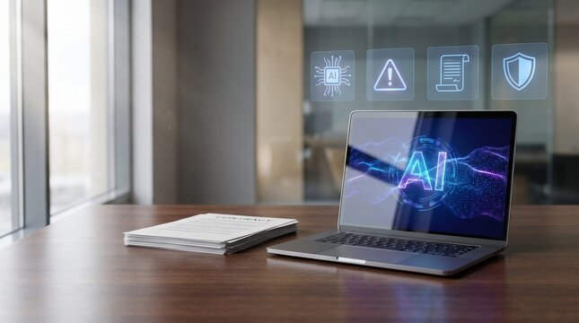 Laptop on a wooden desk displaying artificial intelligence graphics with digital icons in an office with intelligence technology interface stack paper documents floating icons