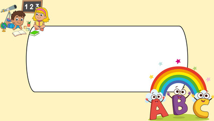Naklejka premium Educational cartoon background with blank white frame, cute school children with rainbow and ABC letters, preschool learning border