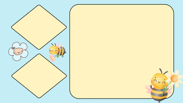 Cute honey bee frame template, pastel yellow stationery background with cartoon bees, whimsical nature border for kids