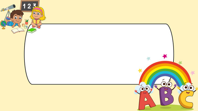Educational cartoon background with blank white frame, cute school children with rainbow and ABC letters, preschool learning border