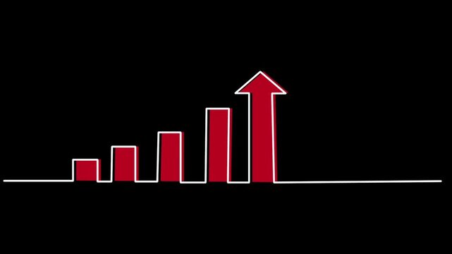 stock market red arrow upward growth graph chart animated continuous single line drawing isolated on black background, line art animation illustration design sign symbol video direction 