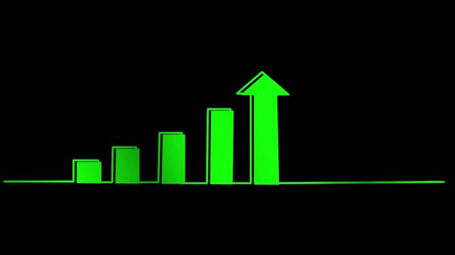 stock market green arrow upward profit return growth graph chart animated continuous single line drawing isolated on black background, line art animation illustration design sign symbol video 