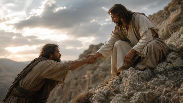Jesus Christ helping a man climb rocky mountain path with compassion faith and hope in biblical landscape