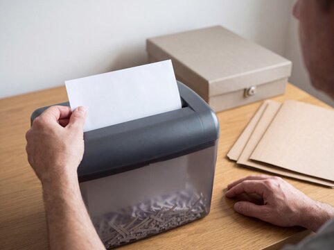 Hands feeding confidential document into paper shredder for secure disposal