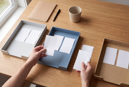 Hands sorting expense receipts into document trays in home office