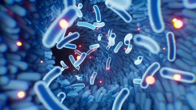 Microscopic probiotics bacteria for digestive health and treatment. 3d rendering.