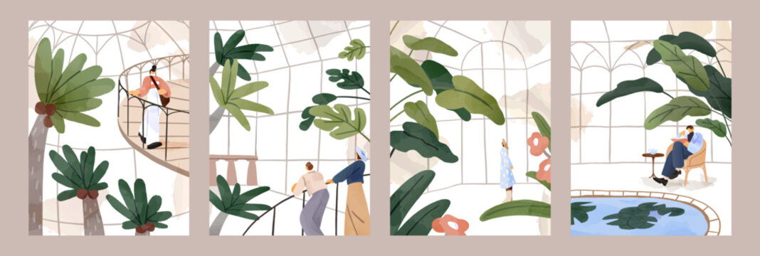 People are walking in greenhouse with lush vegetation set. Men and women are in botanical park with flowers and tropical trees. Summer nature in glasshouse. Flat watercolor vector illustrations