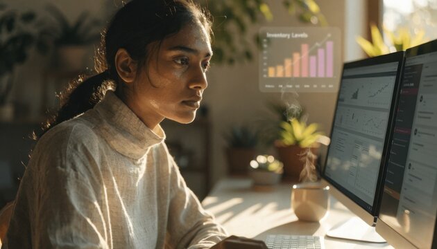 Young female entrepreneur working remotely on her e-commerce platform with calm focus and natural lighting, surrounded by subtle tech and plant life.
