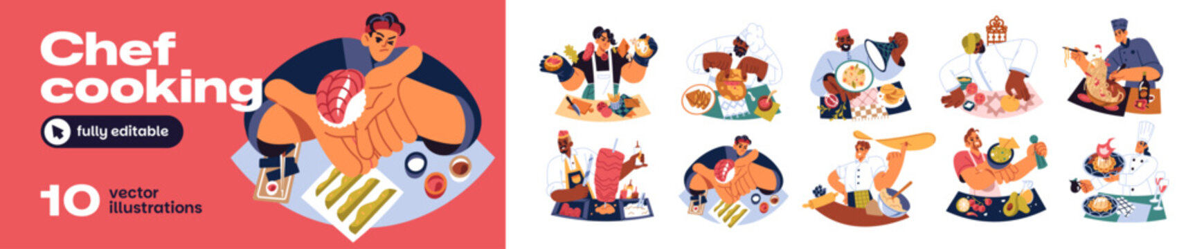 Chef cooking meals of different country cuisines set. People cook pizza, sushi and noodles at the table. Restaurant kitchen workers are preparing food. Flat isolated vector illustrations on white