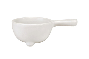 Small white ceramic bowl with a handle and a single foot, photographed against a clean white...