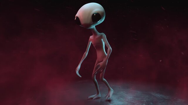 4k loop of creepy alien creature walking through dark foggy space.