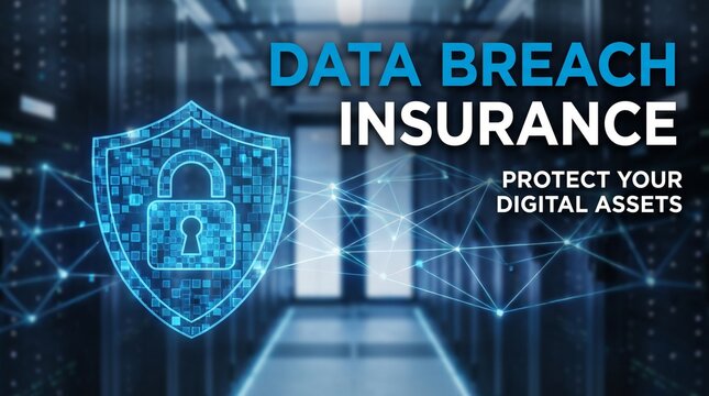 Data breach insurance text overlaying a digital security shield icon in a server room corridor with aisle network connection glowing blue digital floats front blurred shield padlock