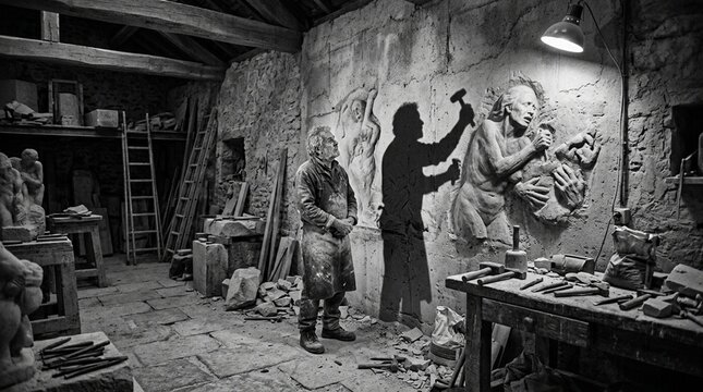 Sculptor at work in his studio, chiseling a stone statue, dramatic lighting