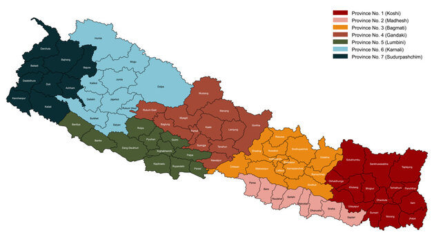 Detailed map of Nepal showing provincial divisions and district boundaries, ideal for geographical presentations, educational resources, and regional analysis design layouts