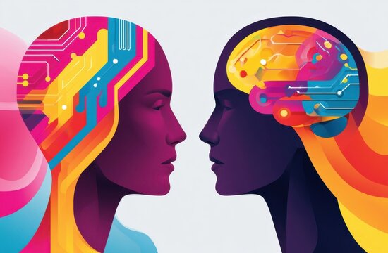 Colorful illustration of two silhouetted heads facing each other with digital brains and neural connections