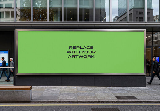 Large horizontal billboard mockup with placeholder screen mounted on modern office building facade, urban street scene pedestrians walking along walkway, Template