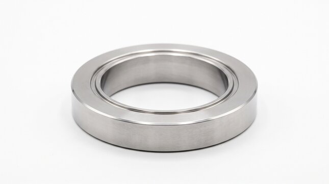 Bare single ConFlat CF ultra-high vacuum flange. Micro-machined 304L stainless steel ring with sealing ridge for particle accelerator hardware.