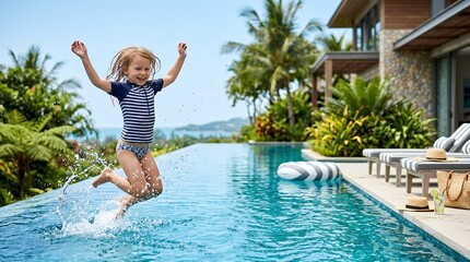 Naklejka premium Happy little girl jumping into a luxury infinity swimming pool at a tropical resort.