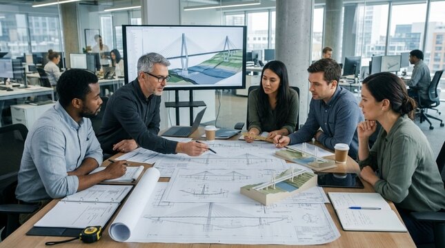 Diverse team collaborates on bridge design in modern office with digital display