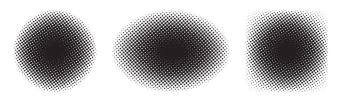 Halftone geometric shapes. Set design element  isolated on white background. Halftone dots gradient texture. 