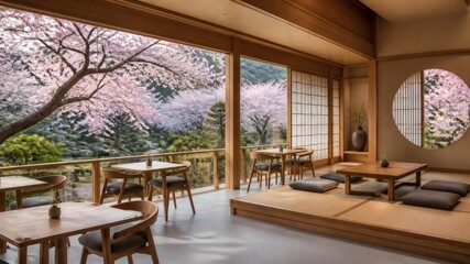 Fototapeta premium cafe with cherry blossom garden view