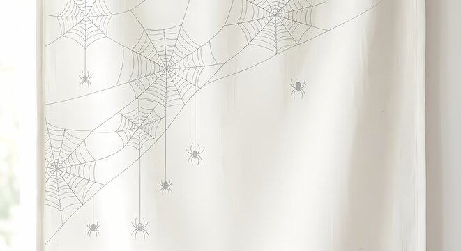 Scandinavian chic Halloween backdrop with delicate gray line-art spider webs hanging from top corner