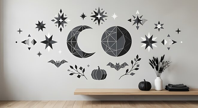 Scandinavian minimal Halloween wall art display with geometric moon, stars, bat, and pumpkin decals