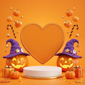 Halloween product display stand with two jack o lantern pumpkins wearing purple witch hats and a large heart shaped frame on an orange background for holiday marketing
