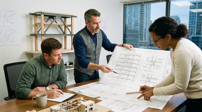 Diverse team collaborating on architectural blueprints in modern office